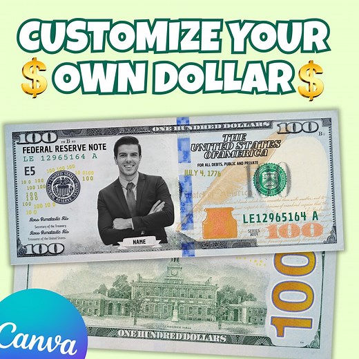 Custom 100 Dollar Bill Canva Template – Editable Photo Money, Front and Back, Personalized Name and Date, Printable Prop, Instant Download - Etsy