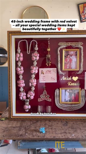 Wedding frames | Varmala preservation | Handmade gifts ♥️ on Instagram: "Crafted a stunning 45-inch wedding frame with a red velvet background ✨ Featuring the couple’s varmala, choora, kaleere, sehra, kalgi and wedding card — preserved beautifully for a lifetime. A perfect keepsake for your forever memories Note: Their varmala is of plastic not real flowers #weddingframe #varmalapreservation #varmalaframe #shadiinvite #resinframe #resinart #chooraframe #kaleeraframe #weddingframe #weddingalbum #