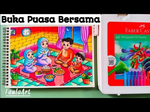 Coloring Ramadan Themed Pictures of Breaking the Fast with Family Using Oil Pastel Crayons