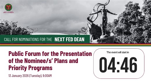 UPOU invites all constituents to join in the public forum for the presentation of nominees’ plans and priority programs for the Faculty of Education. The forum will be held on 13 January 2026, 9:00 AM at the UPOU Audiovisual Room and online via Zoom, Facebook Live, and the UPOU YouTube Channel. Listen, engage, and be part of the conversation shaping FEd's next chapter. #UPOpenUniversity #ODeL #NextDean #FacultyofEducation #DeanSearch | UP Open University (UPOU)
