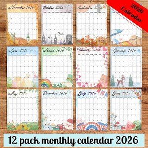 2026 Printable Holiday Themed Watercolor Calendar, Unlined, 8.5x11 & A4, Calendar Bundle, 12 Printable Months, Instant Digital Download - Etsy