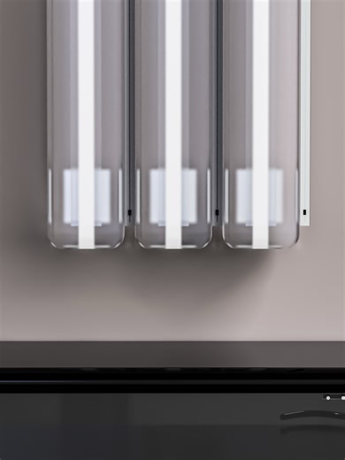 Zou on Instagram: "CHROMA SET 2 Cette nouvelle lampe explore la lumière sous une forme architecturale et minimale. Chaque module est constitué d’un tube LED entouré d’une structure en verre carré, créant une présence lumineuse nette et sculpturale. L’ensemble forme une pièce unique, fixée au mur grâce à un système d’aimants, donnant l’impression que la lumière flotte légèrement en avant de la surface. Sur la droite, un boîtier permet de régler l’intensité du module. Le système est entièrement mo