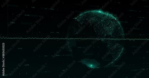 Blue graph made of dots going up and down with blue blocks floating over a blue globe