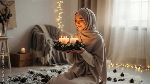 Woman smiles holding lit advent candle wreath, celebrating christmas and new year at home. Holiday festive atmosphere with light string.