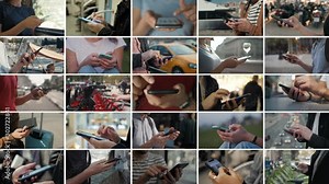 Collage multi cam people of hands using touchscreen smart phone. Group people touch smartphone, use application and social network messengers