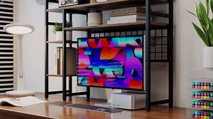 Giantex Desktop Bookshelf, 37" Desk Shelf for Up to 32" Computer Monitor, 4 Tier Desktop Display Shelves w/Grid Panel, 6 Movable Hooks, Anti-tip Device, Desk Hutch for Home Office Dorm (Natural)