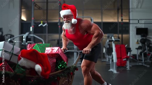 Santa Claus pushing a gift-filled sleigh as a sled push. A powerful and festive Christmas functional training video.