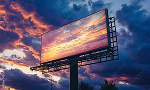 A digital billboard displaying a vibrant sunset against a dramatic sky.