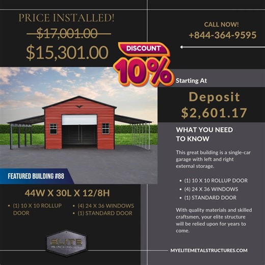 🔥🏗️ Winter Sale Alert: 10% Off Our 44x30x12/8 Metal Barn with 12' Lean-To! 🏗️🔥 Looking for the perfect solution to protect your equipment, vehicles, or set up the ultimate workshop? 🛠️🚜 Check out our 44x30x12/8 Metal Barn with a 12' Lean-To! ✅ Features You’ll Love: 🏠 Spacious Design – Roomy interior for all your needs! 💪 Built to Last – High-quality metal construction withstands harsh weather! 🏗️ Versatile Lean-To – Extra covered space for storage or workspace! 🗓️ Winter Special – 10% 