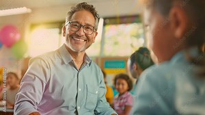 Confident teacher delivering a dynamic lesson, using technology and creative teaching methods to inspire and empower students.