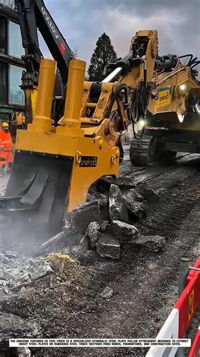 This powerful hydraulic machine pulls up buried steel plates