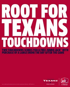 131K views · 1.1K reactions | When the Texans score 2 TDs, you get a free Jumbo Jack® with a large drink purchase the day after the game. | Jack in the Box | Facebook
