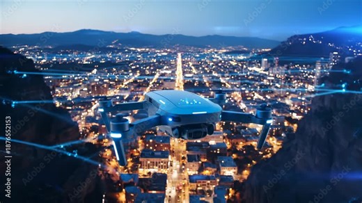 Drone flies over night city with digital network connections. Smart drone shows technology surveillance over city. Drone with network flies above night city. Digital drone surveillance technology.