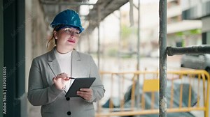 Young woman architect using touchpad at street