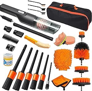 26PCS Car Detailing Kit, Wireless Handheld Car Vacuum Car Wash Kit with Cleaning Gel Car Windshield Cleaning Tool Car Wash Brush Kit Mitt Mop Sponge with Long Handle for Interior Exterior Wheels (26)