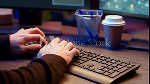 Hacker in secret underground shelter typing on keyboard, writing lines of code on computer, trying to get past security systems with virus. Scammer working on hacking script, camera B close up shot