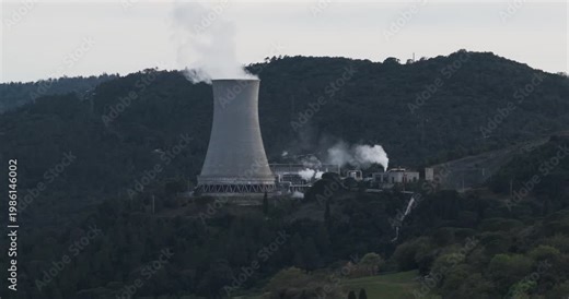 Larderello, Italy - 15 April 2026: Aerial view of Enel Green Power geothermal power plant with a cooling tower emitting steam among the forested hills of Tuscany.