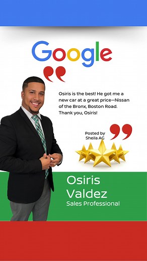 Thank you, Sheila! 🎉 We’re so glad you drove off happy! Big shoutout to Osiris for hooking her up with an amazing deal on a new car 🚗 Ready for VIP service and unbeatable prices? Come see Osiris at Nissan of the Bronx – 3660 Boston Rd., Bronx, NY. >>> nissanofthebronx.com 📲 (718) 260-6704 | Nissan of the Bronx