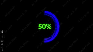 Circular percentage progress bar on transparent background. blue dotted loading circle ring animation. 0-100% - 4k - Alpha Channel
