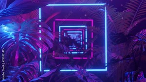 Neon background with Purple and blue neon dark jungle and tropic plants. Loop animation.