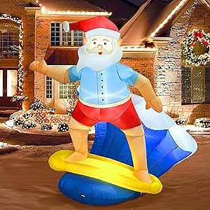 6FT Christmas Inflatables Outdoor Decorations, Christmas Surfing Santa Claus Inflatable with LED Lights, Christmas Blow Up Yard Decorations for Indoor Outdoor Christmas Garden Lawn Decor