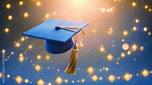 Graduation hat flying in the sky. Graduate are celebrating graduation Throwing hands up a certificate and Cap in the air, Happiness cheerful feeling, Commencement, Graduation day on sky background. 4k