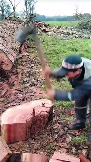 Splitting Large Wood Logs Using A Hand Axe For Traditional And Natural Firewood Supplies