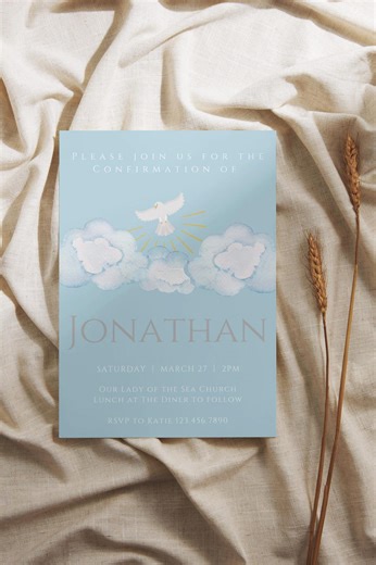 Dove Catholic Confirmation Invitation Template, Editable in Canva (Digital Download)