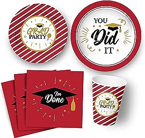 Red Graduation Plates and Napkins 2022-64 Pcs | Red and White Paper Party Supplies Cups and Napkins Set - 16x Dinner Plates, 16x Dessert Plates, 16x 9oz Cups, 16x Napkins