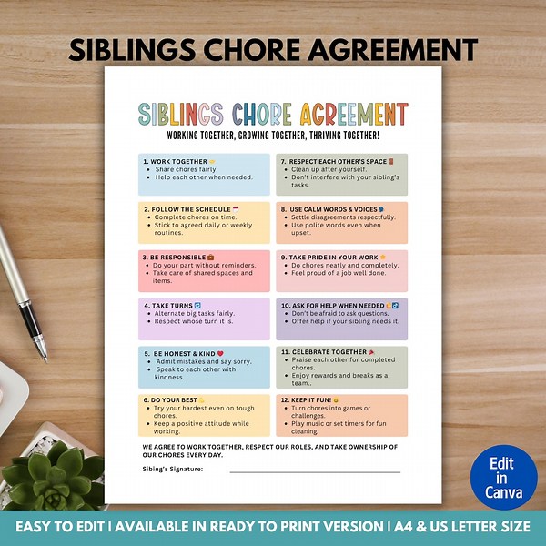 Editable Sibling Chore Checklist, Sibling Accountability, Kids Responsibility Template, Canva, Digital Download - Etsy