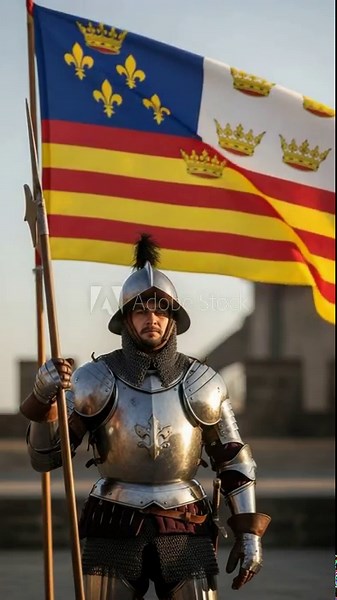 Medieval armored man holding a polearm, standing proudly with a historical heraldic flag featuring fleur-de-lis and crowns against a clear sky.