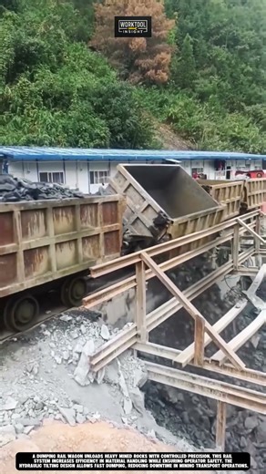 Unloading mined rocks safely using dumping rail wagon