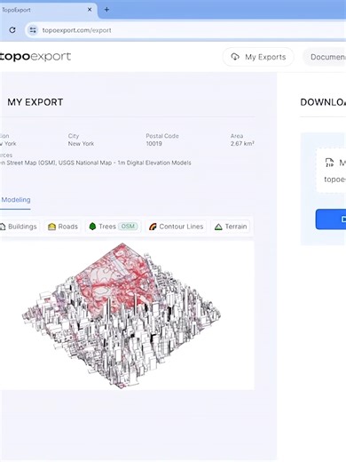 In just 1, 2, 3 seconds TopoExport delivers highly precise and fully editable 3D city models ready to be imported into Rhino 3D. Access any sites worldwide for urban analysis. All available layers include: topography, buildings, parcels, roads, railways, hydrography, trees and green areas. #topoexport #architecturestudent #urbananalysis #cartography