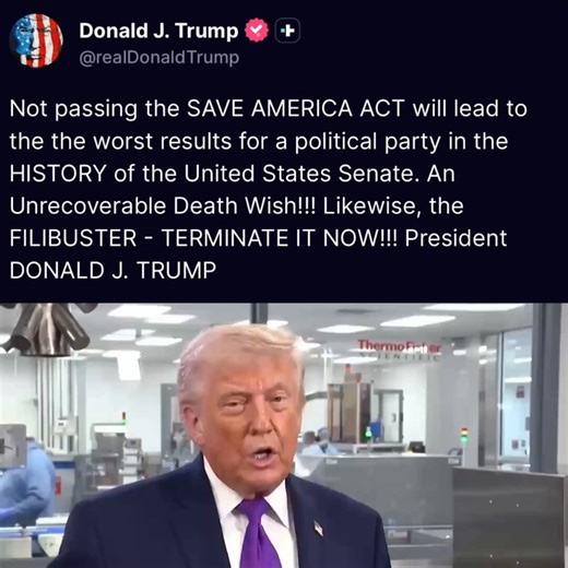 🚨 NOW: President Trump is REFUSING to let up on the SAVE America Act, and says the Republican Party will DlE without itHe’s 100% spot on.Get off your ass and get it done, Thune.