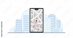 Food delivery. Map navigator on smartphone. Delivery of fast food, pizza and french fries. Cartoon animation.