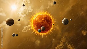 Sun Surrounded by Planets in a Glowing Solar System. A vibrant depiction of the solar system, with the sun radiating light as planets orbit around it in space.