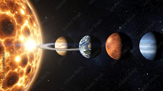 The Solar System Planets Aligning in Order from the Sun in Deep Space with Bright Stars