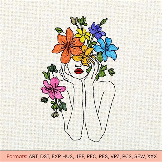 Flower Girl Embroidery Pattern Girl Line Art Design Floral Girl Machine Embroidery Design Lady File Blossom Woman Embroidery Pattern - Etsy