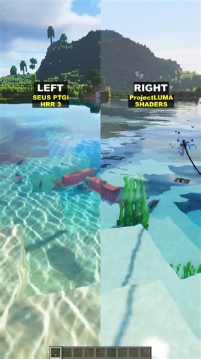 VexelVille - Minecraft Shaders on Instagram: "Which side would you play on? 💧 Minecraft shaders comparison. Left: SEUS PTGI HRR 3 - by Sonic Ether. Right: ProjectLUMA - by dedelner. - #minecraft #minecraftshaders #minecraftrealistic #minecraftjava #minecraftpc"