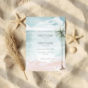 Custom Palm Tree Wedding Invitation | Beach Wedding Invite | Pastel Coastal Wedding | Tropical Destination Wedding - Etsy