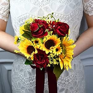 Romantic Handmade Bridal Bouquets, Bridesmaid Wedding Holding Flowers, Artificial Sunflower Rose Bouquet, Red Ribbon Tassel