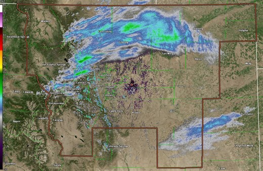 Radar imagery valid Saturday at 6:30pm shows increasing moisture which will sustain light snow in the mountains. Not much (if any) will reach the ground in the plains, although a dusting will be possible for the northern plains and Douglas/Elbert/Arapahoe Counties overnight. | US National Weather Service Denver/Boulder Colorado