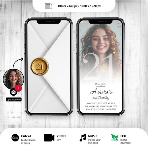 Animated 21st Birthday Invitation With Photo Editable Canva Template Envelope Party Video Invite Digital - Etsy Australia