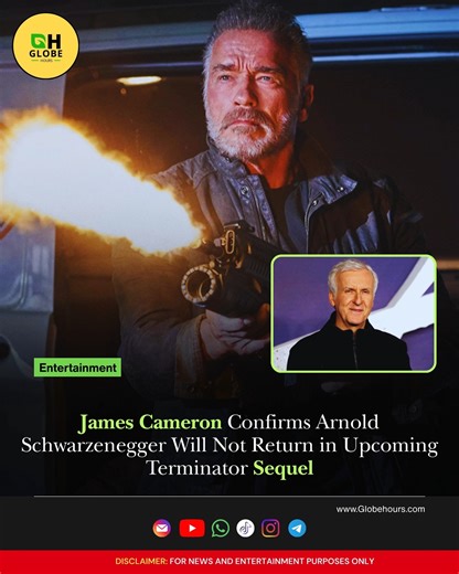 Globe Hours on Instagram: "James Cameron has clarified Arnold Schwarzenegger’s status in the next Terminator sequel, confirming the action icon will not return. 🤖🎬 Speaking to The Hollywood Reporter, the 71-year-old filmmaker explained it’s time to move forward with a new generation of characters. Cameron noted that Terminator: Dark Fate served as a fitting farewell to Schwarzenegger’s iconic T-800. The director shared his desire to expand the franchise’s scope, focusing on deeper ideas around