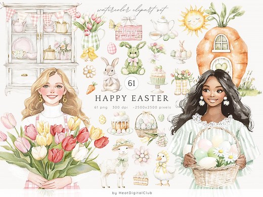 Watercolor Happy Easter Clipart, Easter Eggs Clip Art, Easter Cottage, Cute Spring Clipart, Pastel Easter PNG, Cozy Easter, Digital Stickers - Etsy