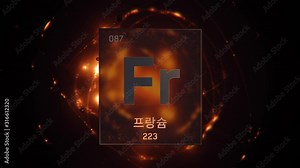Francium as Element 87 of the Periodic Table. Seamlessly looping 3D animation on orange illuminated atom design background orbiting electrons name, atomic weight element number in Korean language