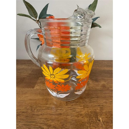 Vintage Floral Glass Pitcher Retro Orange Yellow Daisy Water Jug MCM Kitchen - Etsy UK