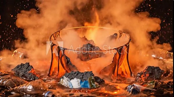 Video „Generative ai motion animation of a cracked Earth bursting apart amid flames, molten liquid, and scattered plastic waste“ ze služby Stock