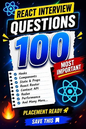 ⚛️ Top 100 React Interview Questions 🔥Most Important Questions for Placements & Internships 😳💼