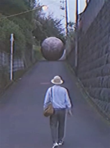 坂から岩が落ちるドッキリの瞬間